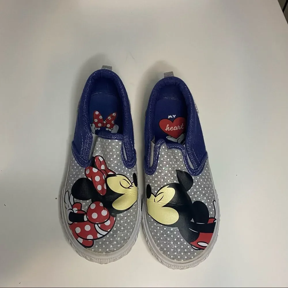 DISNEY Kids Minnie and Mickey Kissing Slip On Blue Sparkly Polka Dot Shoes - Picture 2 of 9